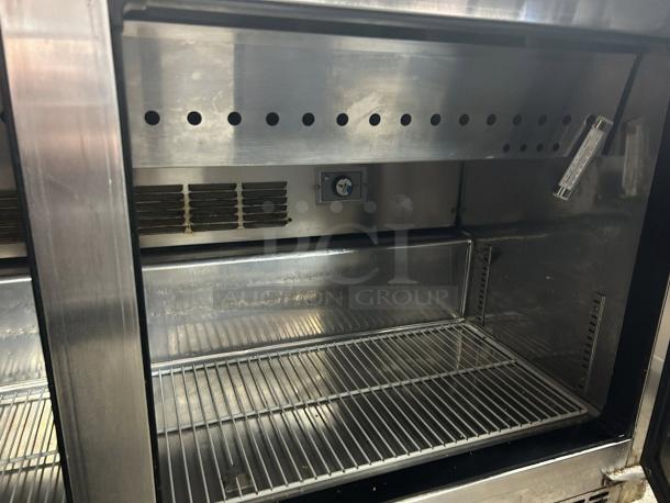 Everest Refrigeration EPBWR2 Mega Top Prep Table, stainless steel interior, wire shelving, thermometer visible, tested working.