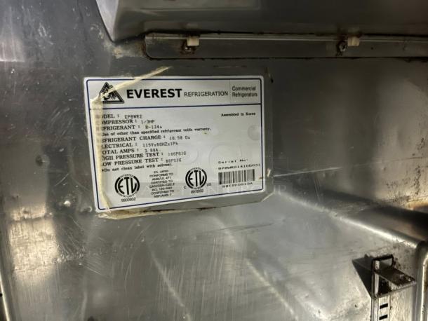 Everest Refrigeration EPBWR2 label with specs: 115V, R-134A refrigerant, model EPBWR2, assembled in Korea.