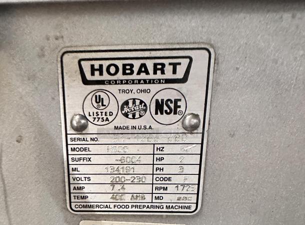 Label on Hobart P660 60QT planetary mixer; model, volts, and certifications listed, indicating 220V, 1PH.