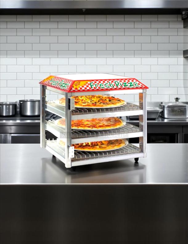 Tomlinson 513FC Fusion Pizza Merchandiser; three heated shelves; 120v, tested working, vibrant graphics; excellent condition.
