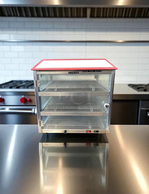Tomlinson Industries 513FC Fusion Pizza and Snack Merchandiser, three heated shelves, stainless steel, tested working, 120V.