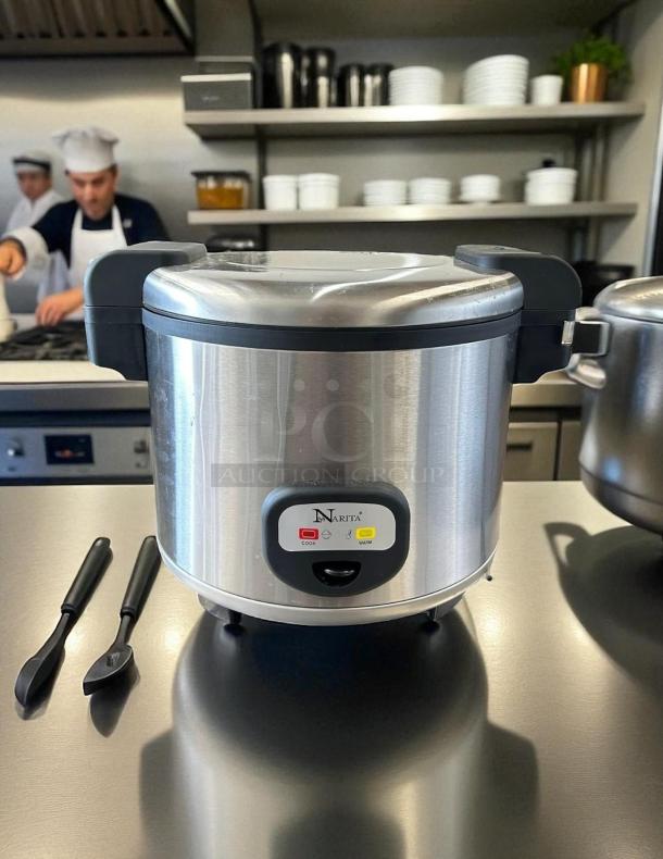 Narita USA NRC-1160 Rice Cooker/Warmer, 30 cup, stainless steel, new in box, 1550W, 120V, with control panel buttons.