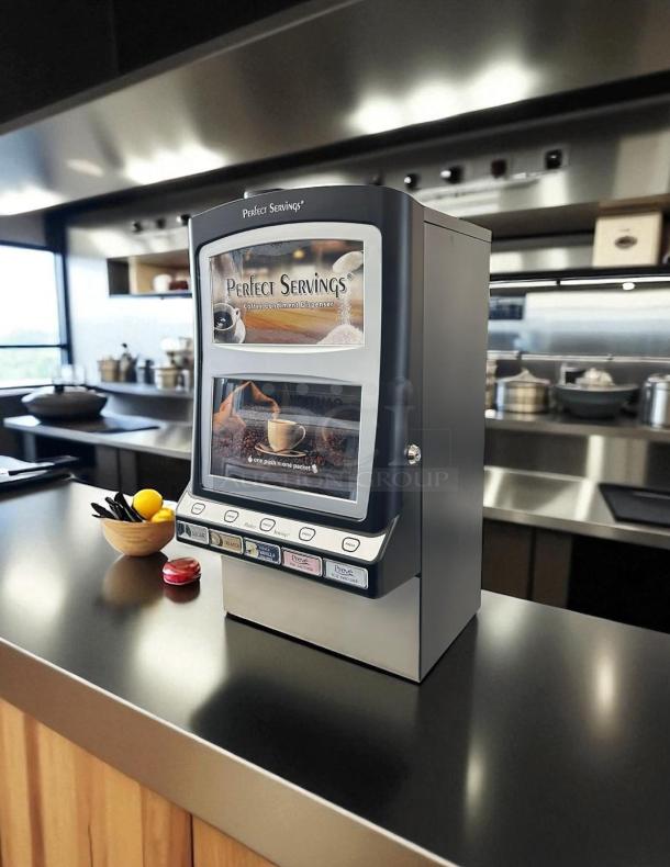 Perfect Servings Powder Dispenser, Model UV-PSPD-5-AV-BL-CTL-B, new condition, countertop unit in a modern kitchen setting.