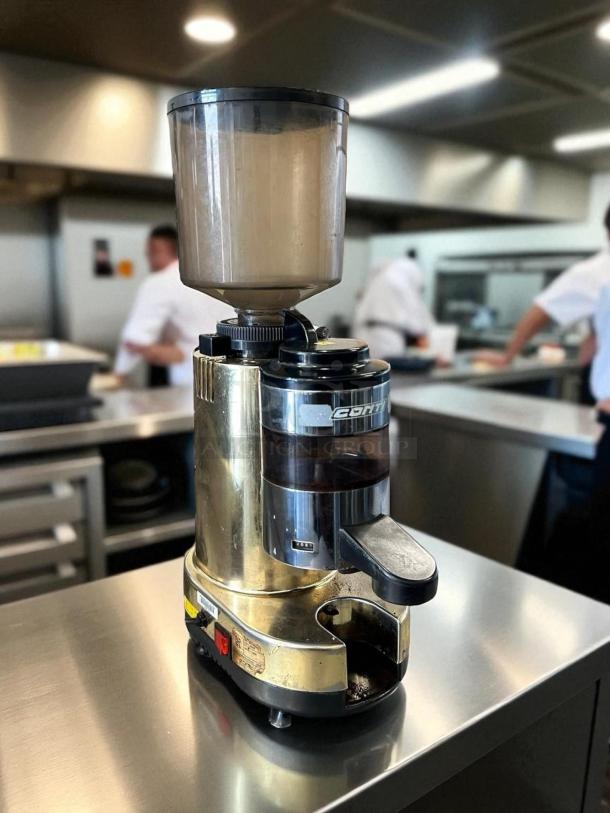 Gino Rossi RR45 commercial coffee grinder, fully automatic, 115v, great condition, tested and working, with hopper and controls.