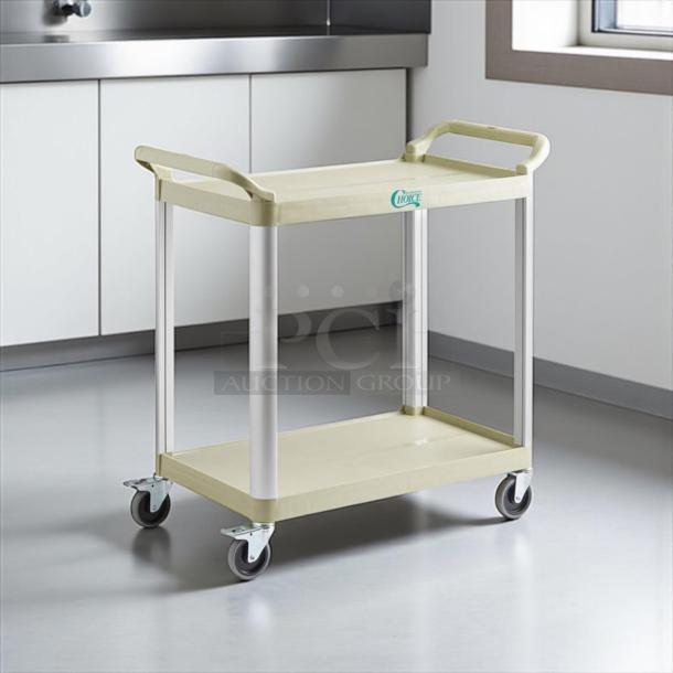 Brand new Choice beige utility cart with two shelves, 42" x 20". Features durable design and easy-rolling wheels.
