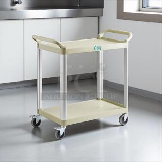 Brand new Choice beige utility cart with two shelves, 42" x 20". Features durable design and easy-rolling wheels.