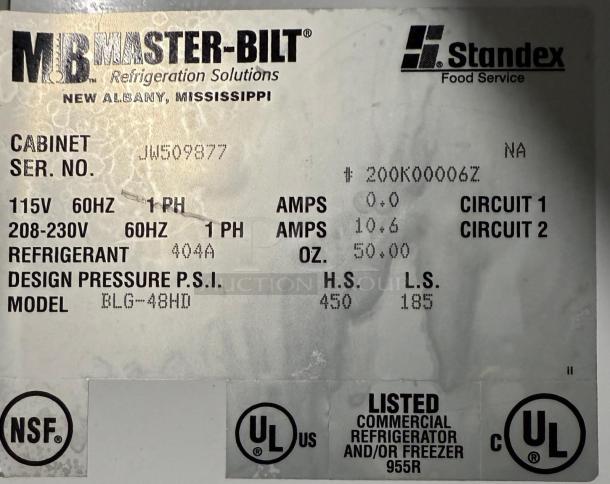 Master-Bilt BLG-48HD freezer label with serial no. JW509877. Specs: 115V, 60Hz, refrigerant 404A. UL and NSF certified.