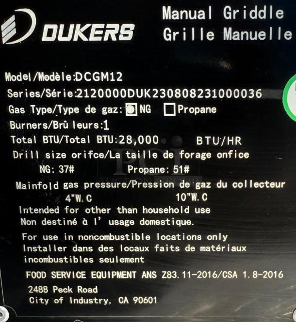 Dukers Gas Steel Countertop Griddle DCGM12, Model DCGM12, 28,000 BTU/hr, single burner, for noncombustible locations.