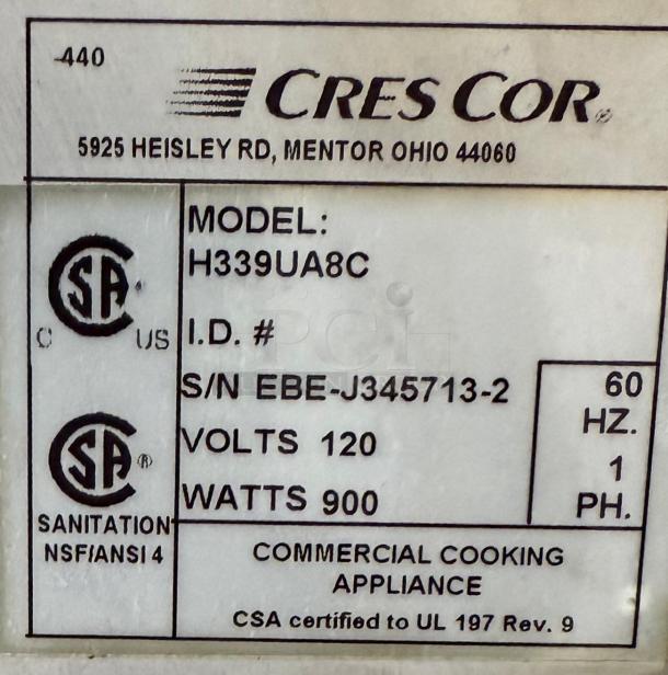 Cres Cor H339U8AC Insulated Mobile Heated Cabinet, 8-pan capacity, 120v, model info with serial number EBE-J345713-2, 900 watts.