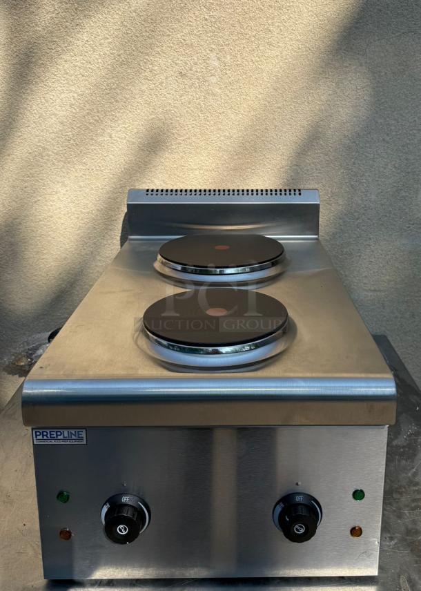 Prepline Double Burner GS-03, stainless steel, dual control knobs, visible brand label, excellent condition.