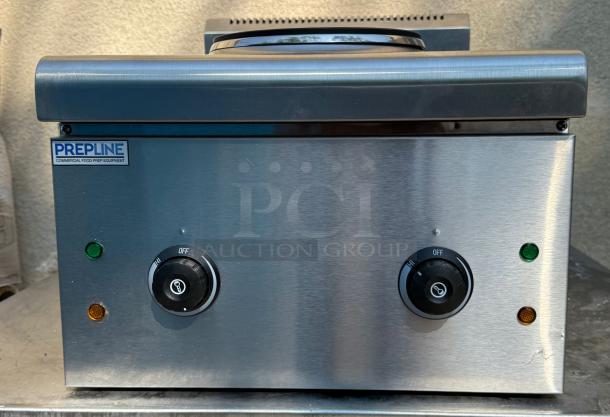 Prepline Double Burner GS-03, stainless steel, dual temperature knobs, indicator lights, commercial-grade, excellent condition.