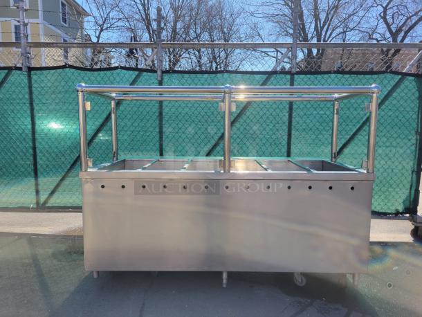Stainless steel gas steam table Sang Kung SKS03, six compartments, sturdy frame, used condition. Ideal for buffet setup.