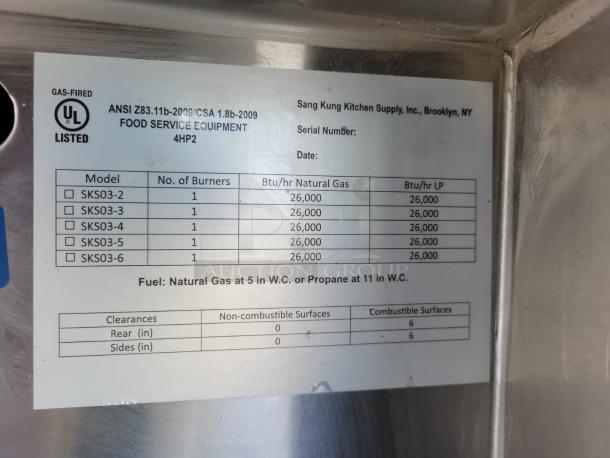 Sanng Kung SKS03 stainless steel gas steam table label showing model, burners, and BTU details. UL listed.