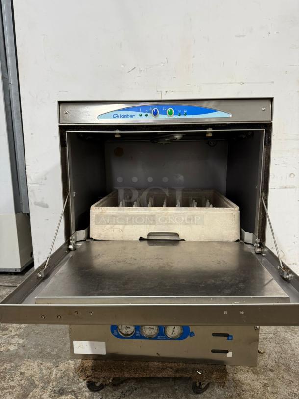 Lamber Deluxe High-Temp Rack Undercounter Dishwasher, stainless steel, silver, 30 racks/hr. Marks: Lamber logo and controls visible.