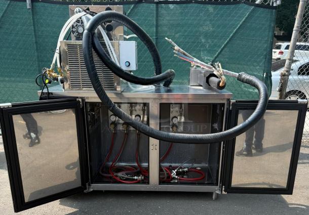 Perlick 4404 60" stainless steel beer dispenser, holds five 1/4 kegs, dual doors open, showing interior hoses and controls.