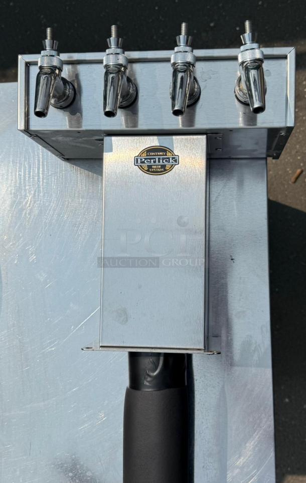 Perlick 4404 stainless steel beer dispenser with five taps, accommodates five 1/4 kegs, includes brand logo on tap panel.