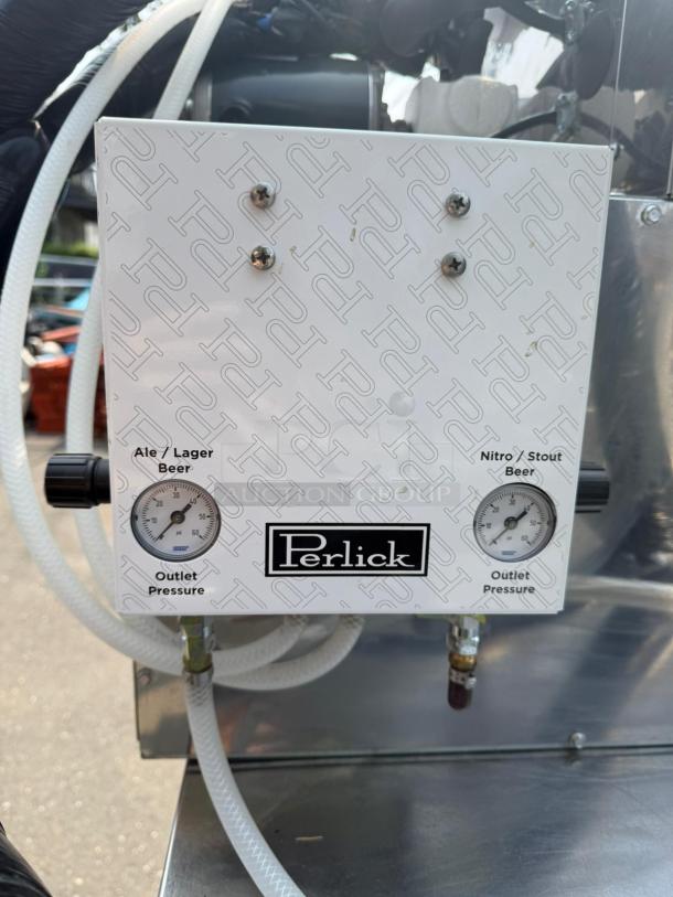 Perlick 4404 beer dispenser, stainless steel, 5 keg capacity. Features pressure gauges for ale and nitro/stout outlet.