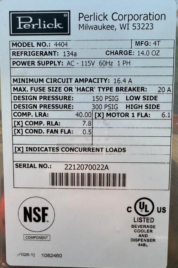 Perlick 4404, 60" stainless steel beer dispenser fridge, 5 keg capacity. NSF certified, model details, and specs label shown.