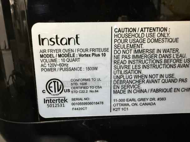 Instant Pot Vortex Plus 10 Air Fryer Toaster Oven Combo, 1500W, 10-quart, black/stainless steel, model details label shown.