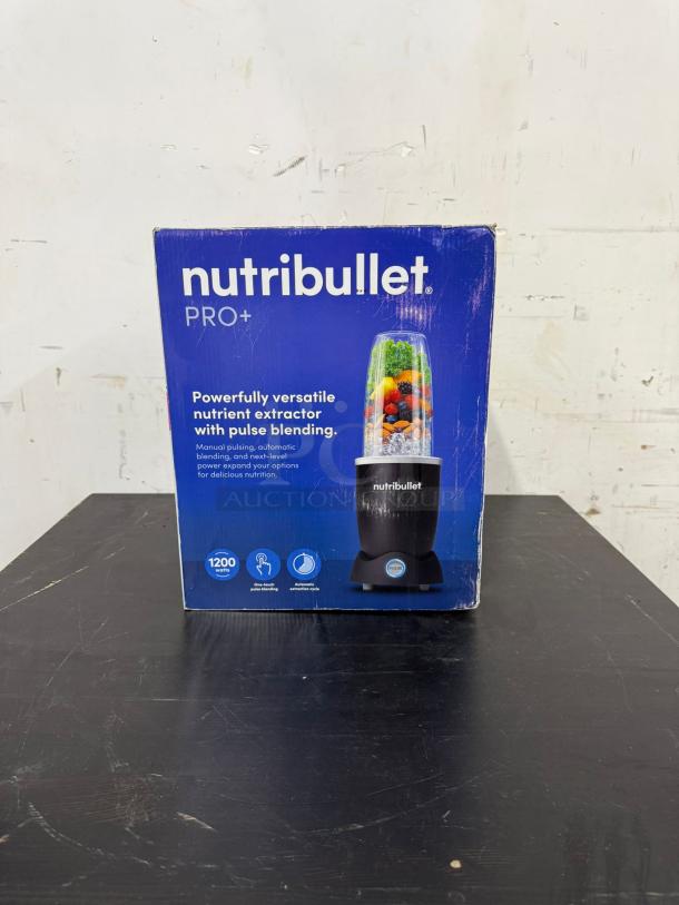 NutriBullet Pro Plus 1200W Personal Blender in Matte Black, model N12-1001, new in box. Features pulse function, 1200 watts.