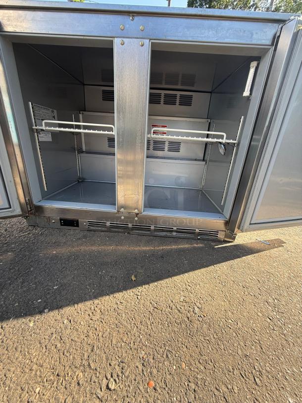 Beverage-Air UCR36AHC-23 36" undercounter refrigerator, stainless steel, dual doors, spacious interior, shelving included.