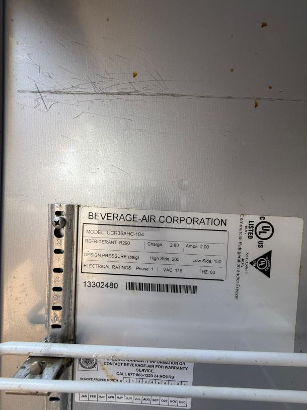 Beverage-Air UCR36AHC-23 36" undercounter refrigerator, model UCR36AHC, refrigerant R290, voltage 115V, scratches visible.