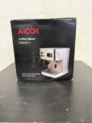 AICOK Coffee Maker CM4682-V box, features single and double shot options, sleek design, some box wear visible.