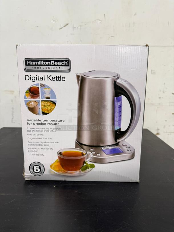 BRAND NEW Hamilton Beach Digital Kettle, stainless steel, 1500W, variable temperature, 1.7L capacity, 1-year warranty.