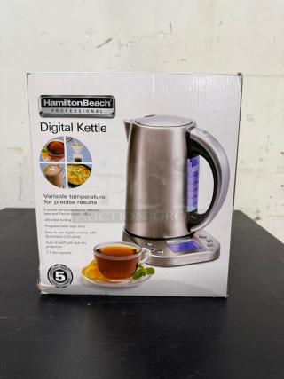 BRAND NEW Hamilton Beach Digital Kettle, stainless steel, 1500W, variable temperature, 1.7L capacity, 1-year warranty.