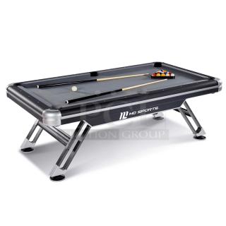 Brand new MD Sports Titan 7.4' billiard pool table, black finish, includes cues and balls, sturdy metal legs, logo visible.