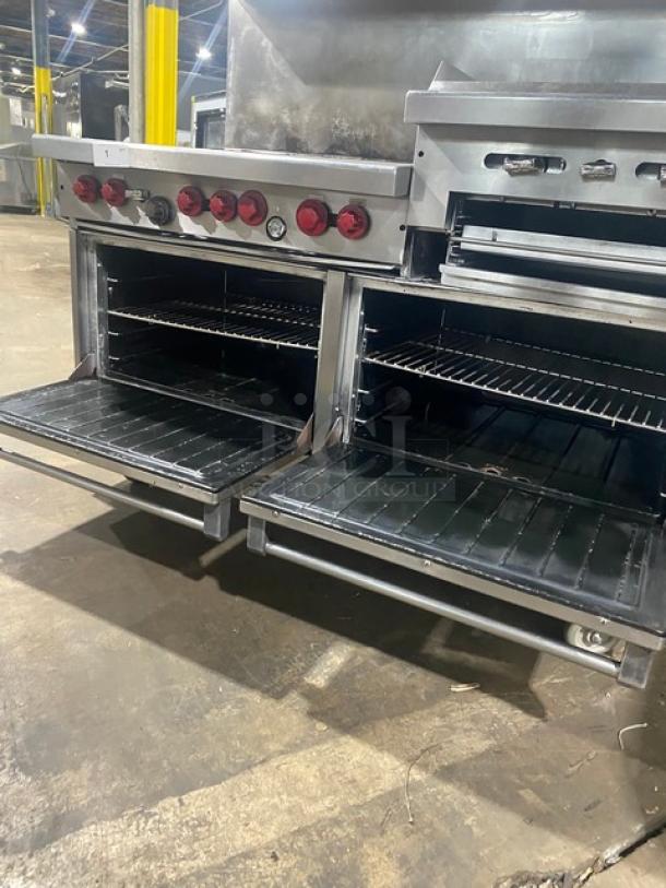 Garland Model H283 commercial stainless steel 6-burner range with double oven, griddle, broiler, and backsplash. On casters.