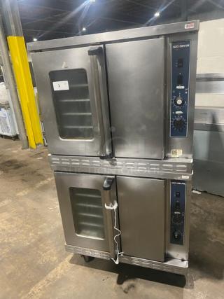 Alto-Shaam ASC-4G stainless steel double stacked convection oven, natural gas, thermostatic control, wired oven rack.