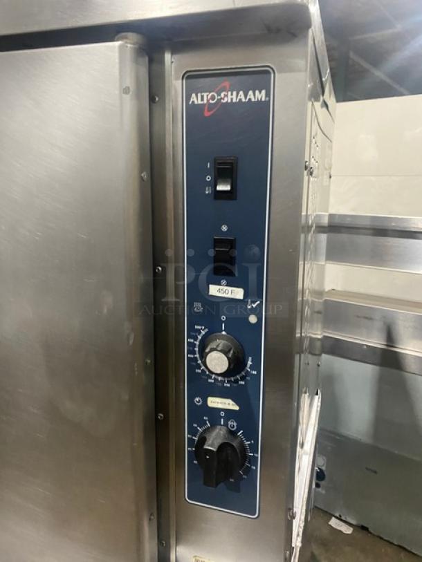 Alto-Shaam ASC-4G double stacked stainless steel convection oven with wired rack and thermostatic control, 120v, natural gas.