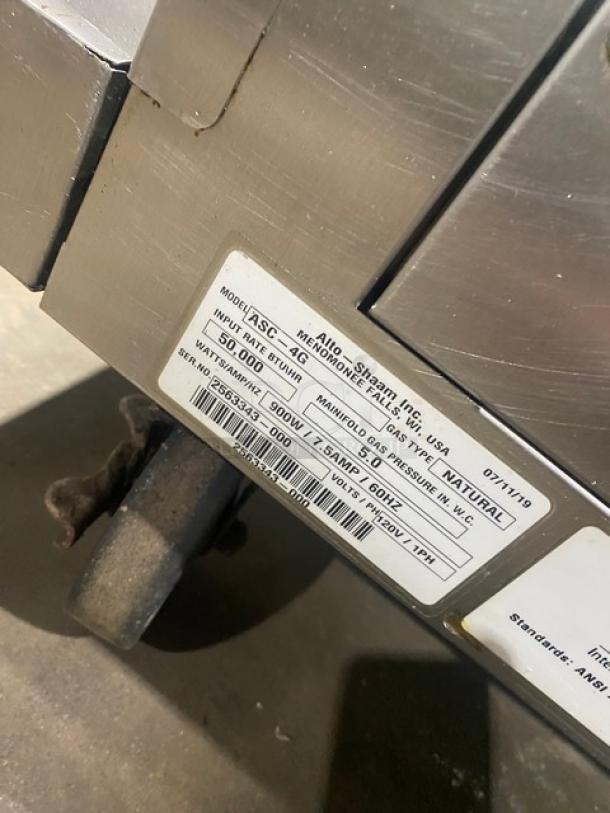 Alto-Shaam ASC-4G commercial stainless steel double convection oven label showing model, serial number, and specifications.