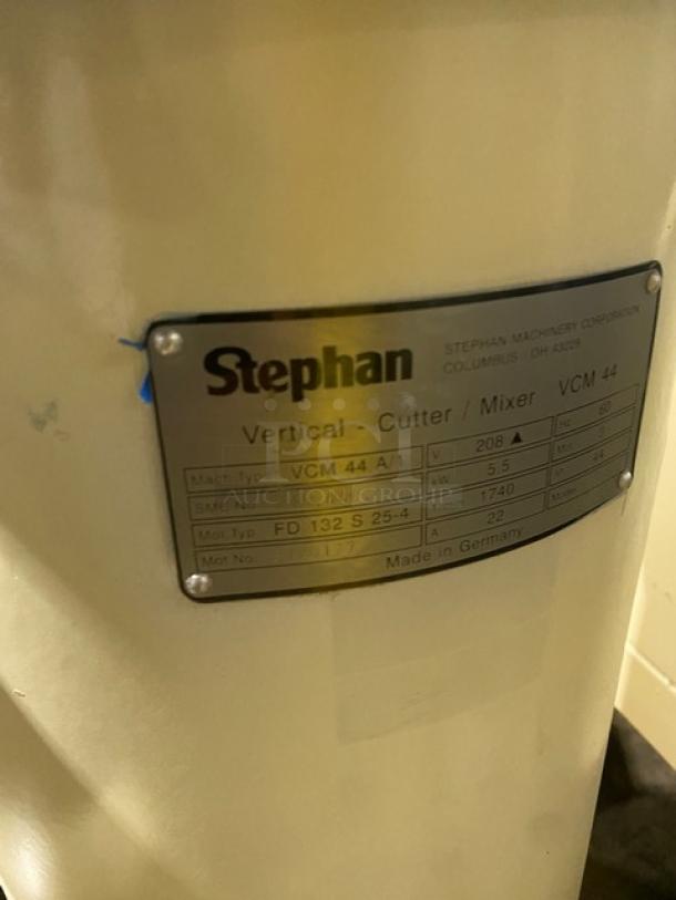 Stephan VCM44 electric vertical cutter/mixer, heavy-duty, 208V, 1 phase, on casters. Label shows model details and specs.