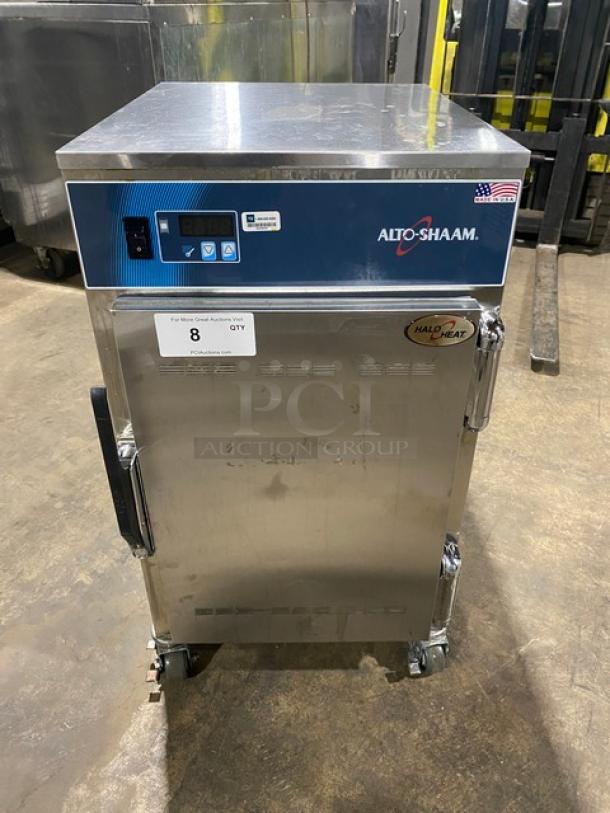 Alto-Shaam Model 500-S Halo Heat electric holding cabinet, stainless-steel, mobile, on casters, built-in pan rack.