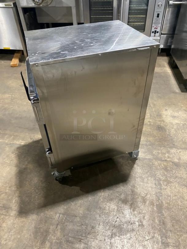 Alto-Shaam Halo Heat 500-S mobile holding cabinet, stainless steel, electric, on casters, built-in pan rack, good condition.