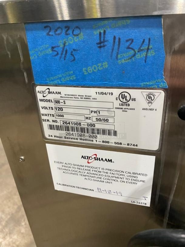 Alto-Shaam Halo Heat 500-S commercial holding cabinet, stainless steel, 6-pan capacity, electric 120V, on casters, SN: 2641908-000.