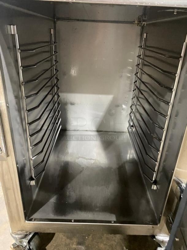 Alto-Shaam Halo Heat 500-S stainless-steel mobile holding cabinet. Includes built-in pan rack, electric powered, on casters.