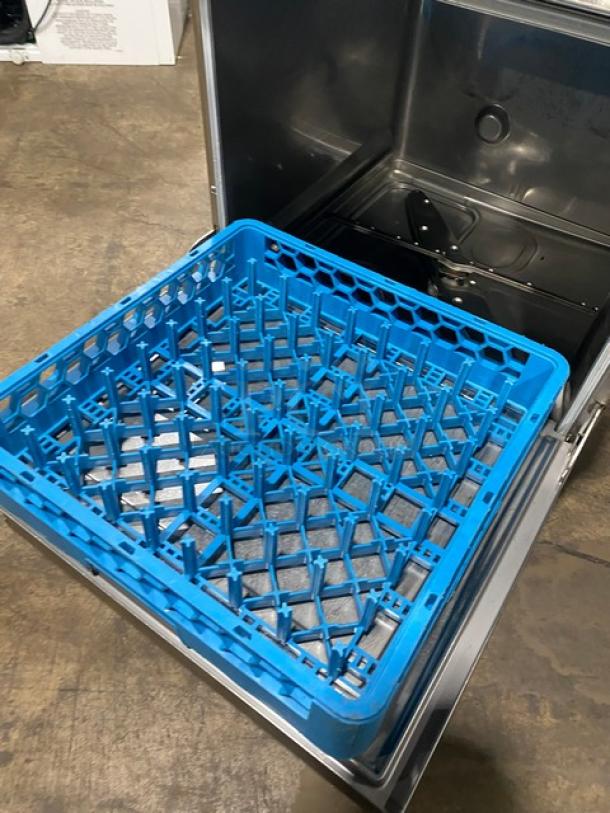 Hobart LXEC commercial stainless steel under-counter dishwasher with full-size blue peg rack, 120V, 1 phase, new condition.