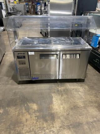 Turbo-Air JBT60 stainless steel 2-door refrigerated cold food display table with sneeze guard, on casters, 115V 1 Phase.