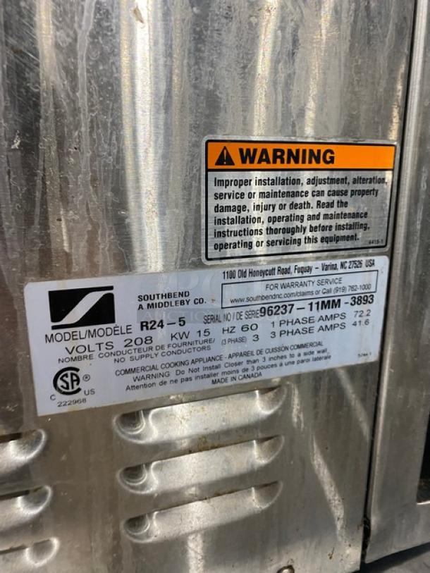 Southbend R24-5 stainless steel electric 5-pan convection steamer, Model R24-5, Serial 96237-11MM-3893, 208V, 3 phase.