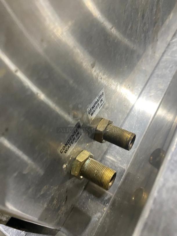 Southbend R24-5 stainless steel electric convection steamer water fittings, labeled "Condenser Water In" and "Generator Water In."