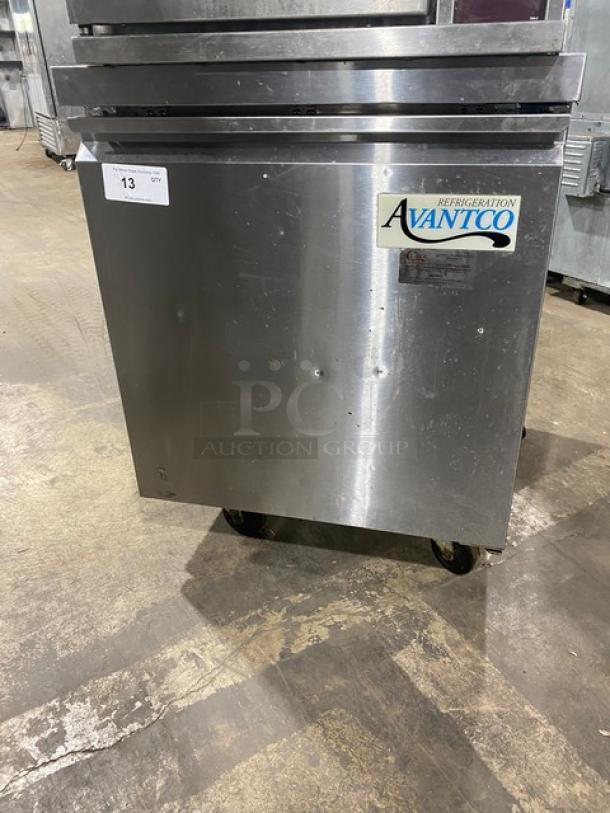 Avantco Commercial Stainless Steel Single Door Refrigerator, Model 178TWT27RHC, with poly-coated wire rack, 115V, on casters.
