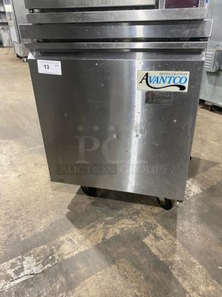Avantco Commercial Stainless Steel Single Door Refrigerator, Model 178TWT27RHC, with poly-coated wire rack, 115V, on casters.