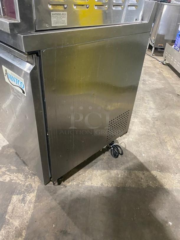 Avantco single door worktop refrigerator, model 178TWT27RHC, stainless steel, poly coated wire rack, on casters.