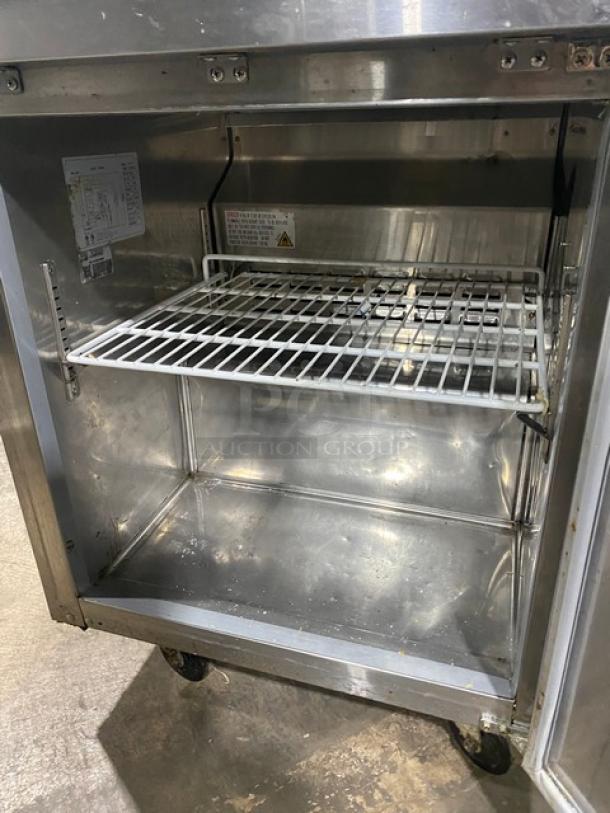Avantco 178TWT27RHC stainless steel refrigerator, single door, includes poly coated wire rack, on casters, 115V.