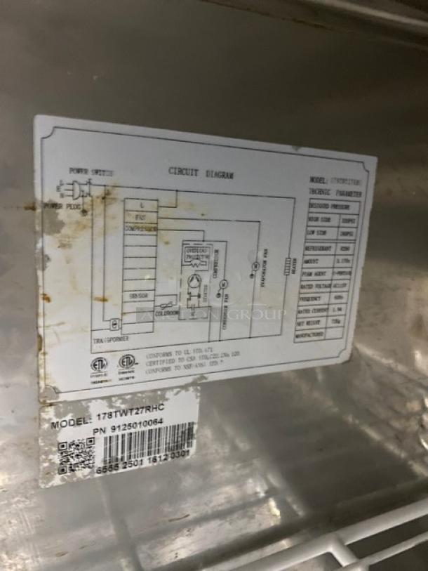 Avantco stainless steel single door worktop refrigerator, model 178TWT27RHC, includes poly coated wire rack, circuit diagram shown.
