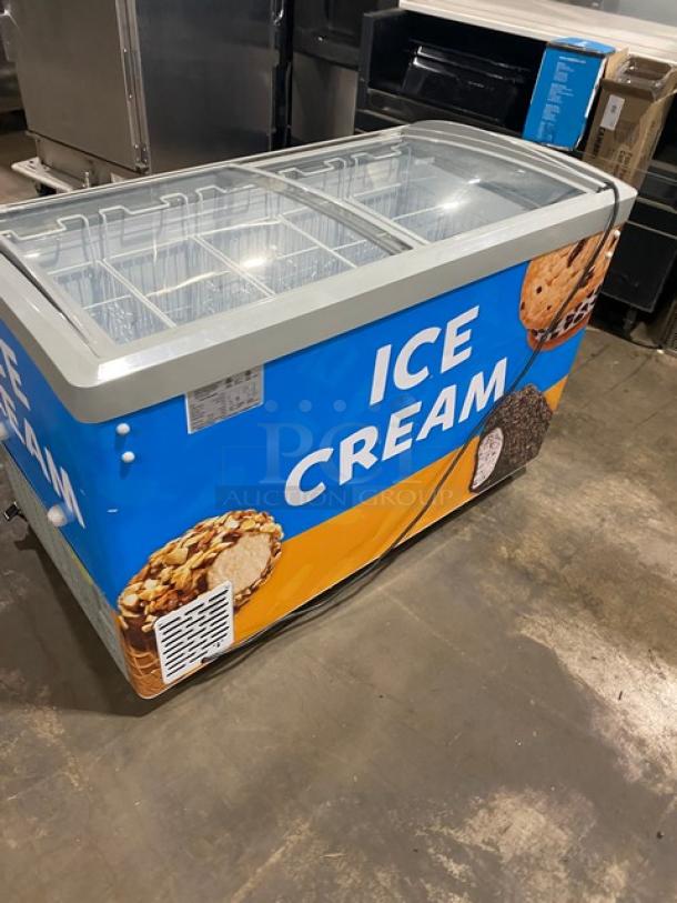 Excellence VB-5HC ice cream merchandiser freezer, curved glass top, poly-coated baskets, Blue Bunny style graphics, 115V.