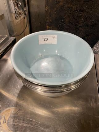 Lot of commercial stainless steel mixing/prep bowls, light blue interior, used condition, quantity 20.